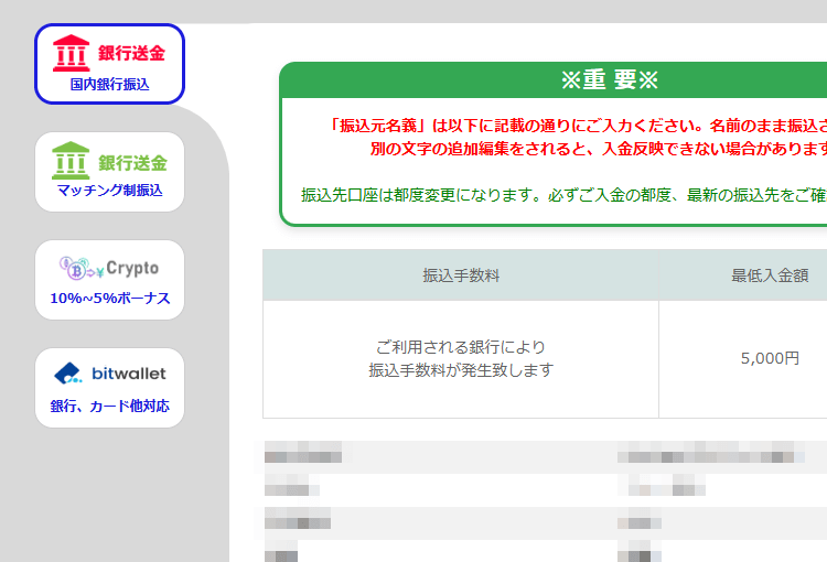 ザオプション入金画面
